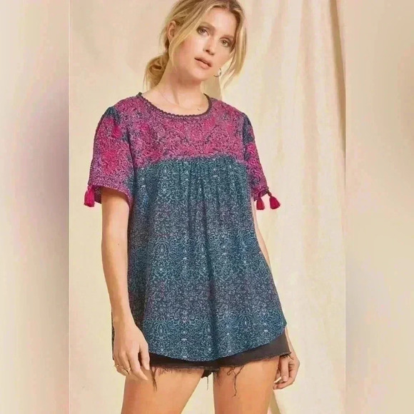 Savanna Jane Magenta and Teal Embroidered Babydoll Top Womens Size Small - Picture 1 of 8